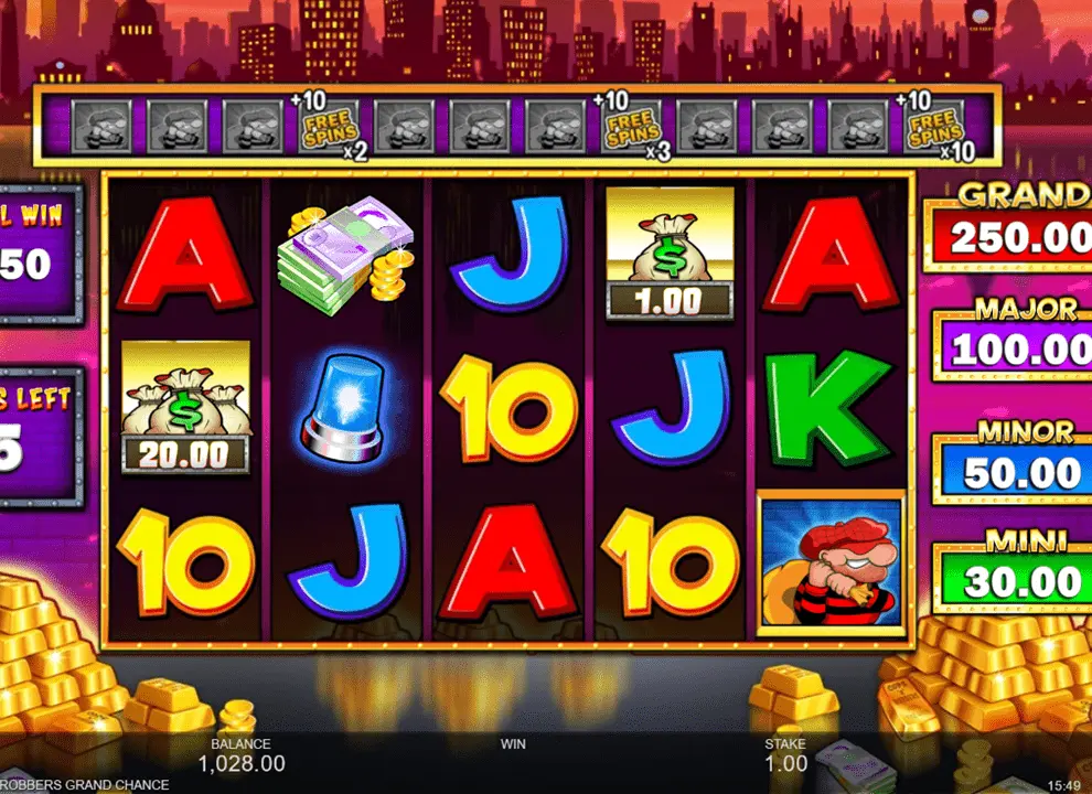 Screenshot of the free spins bonus round on the online slot game Cops ‘n’ Robbers Grand Chance by Inspired Gaming.