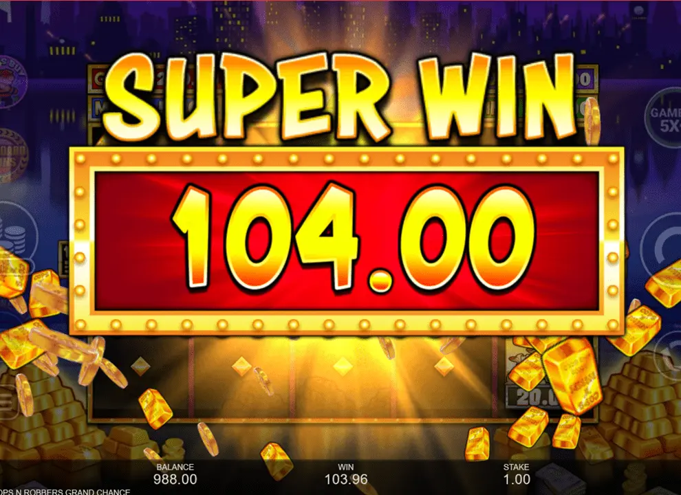 Screenshot of a big win on the online slot game Cops ‘n’ Robbers Grand Chance by Inspired Gaming.