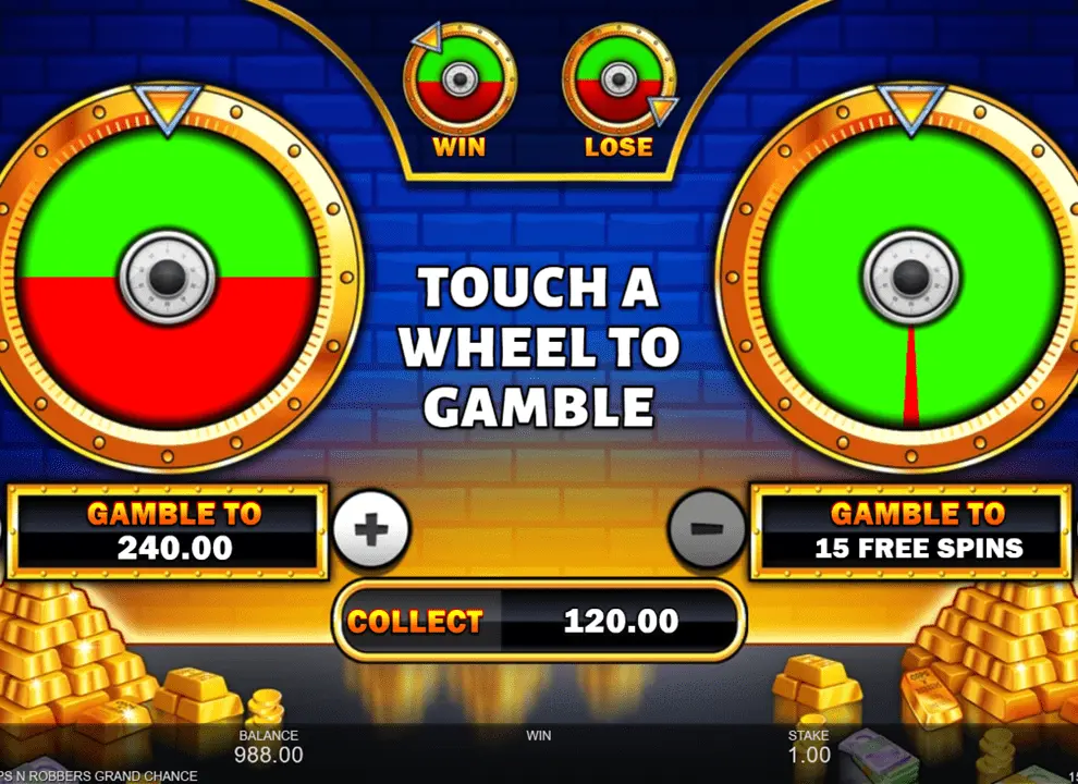 Screenshot of the gamble feature on the online slot game Cops ‘n’ Robbers Grand Chance by Inspired Gaming.