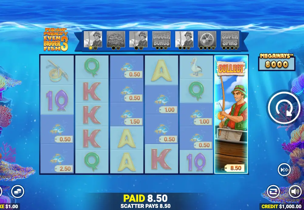 Screenshot of the fisherman collect feature on the online slot game Fishin' Frenzy Even Bigger Fish 3 by Blueprint Gaming.