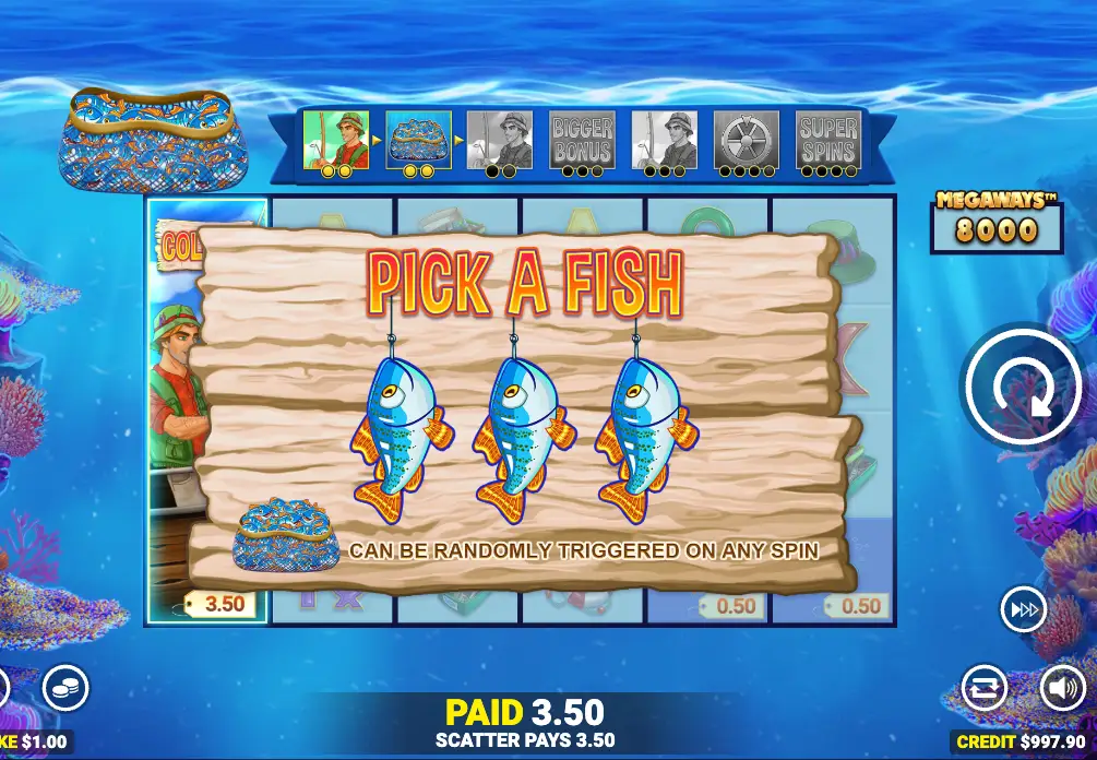 Screenshot of the pick a fish animation on the online slot game Fishin' Frenzy Even Bigger Fish 3 by Blueprint Gaming.