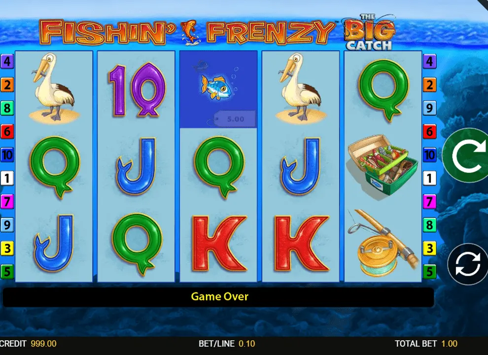 Screenshot of the online slot game Fishin’ Frenzy The Big Catch by Blueprint Gaming, available to play at the best UK casino sites including All British Casino.