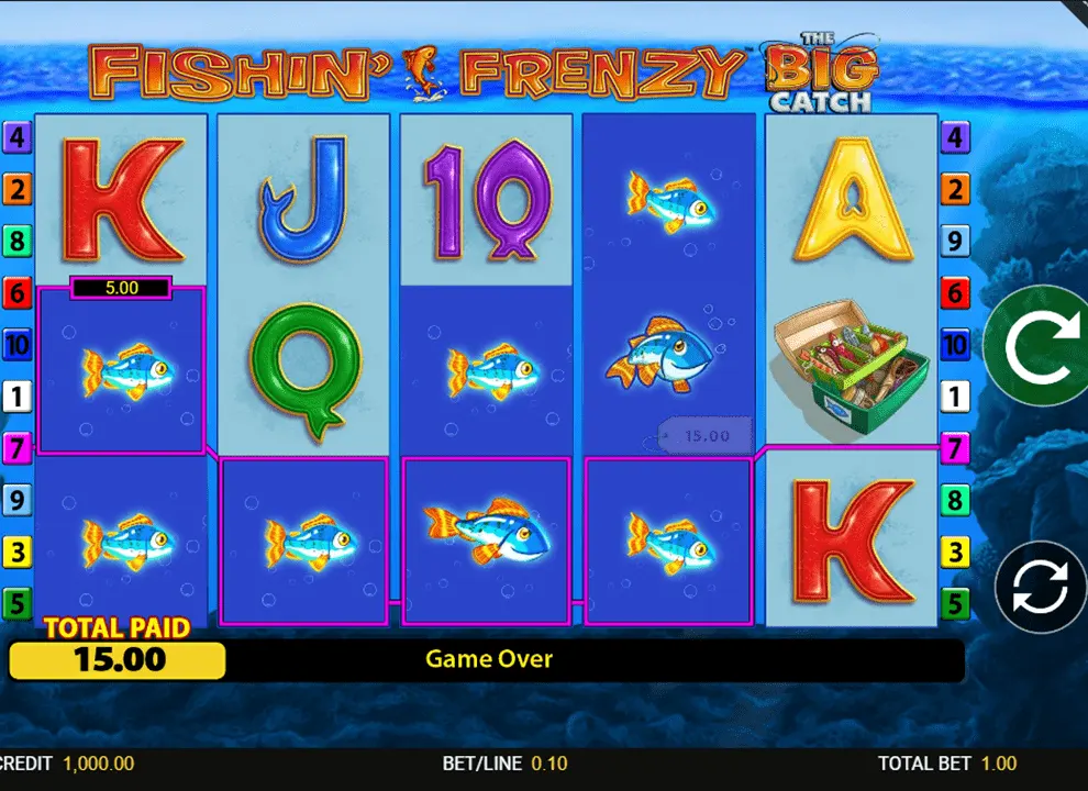 Screenshot of a big win on the online slot game Fishin’ Frenzy The Big Catch by Blueprint Gaming.