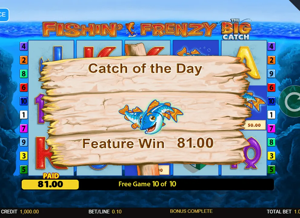 Screenshot of the free spins win feature on the online slot game online slot game Fishin’ Frenzy The Big Catch by Blueprint Gaming.