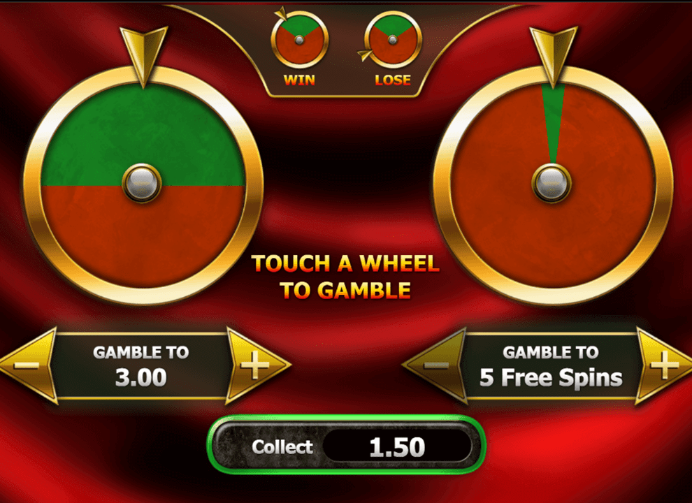 Screenshot of the gamble wheel bonus round on the online slot game Gold Cash Free Spins by Inspired Gaming.