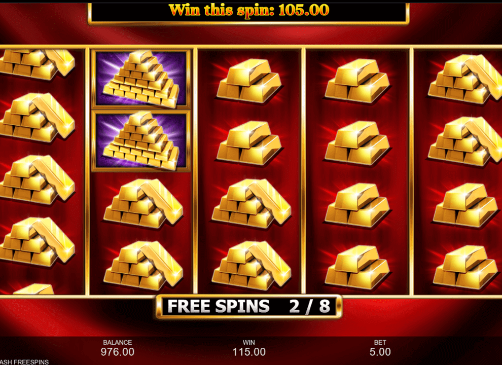 Screenshot of the free spins bonus round on the online slot game Gold Cash Free Spins by Inspired Gaming.