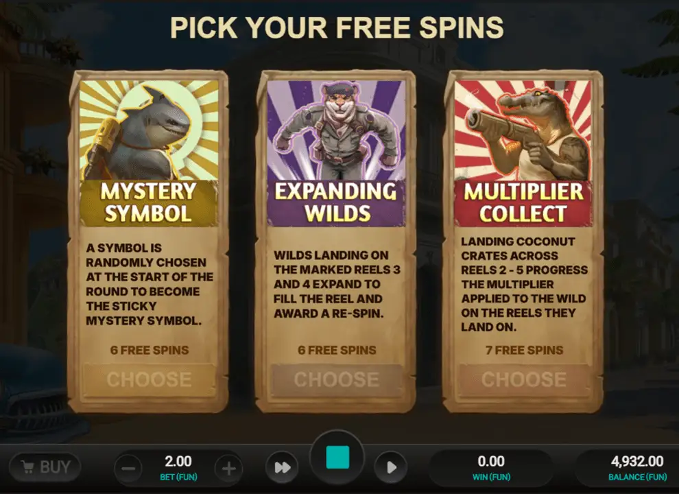 Screenshot of the free spins bonus option menu on the online slot game Iron Bank 2 by Relax Gaming.