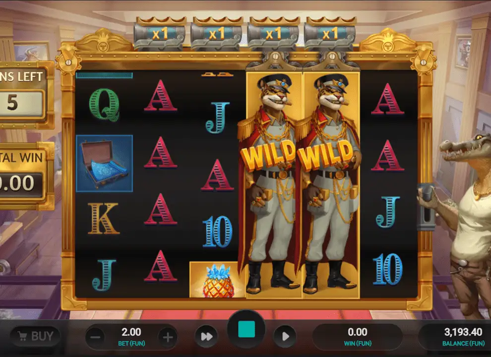 Screenshot of the free spins bonus round with expanding wilds on the online slot game Iron Bank 2 by Relax Gaming.